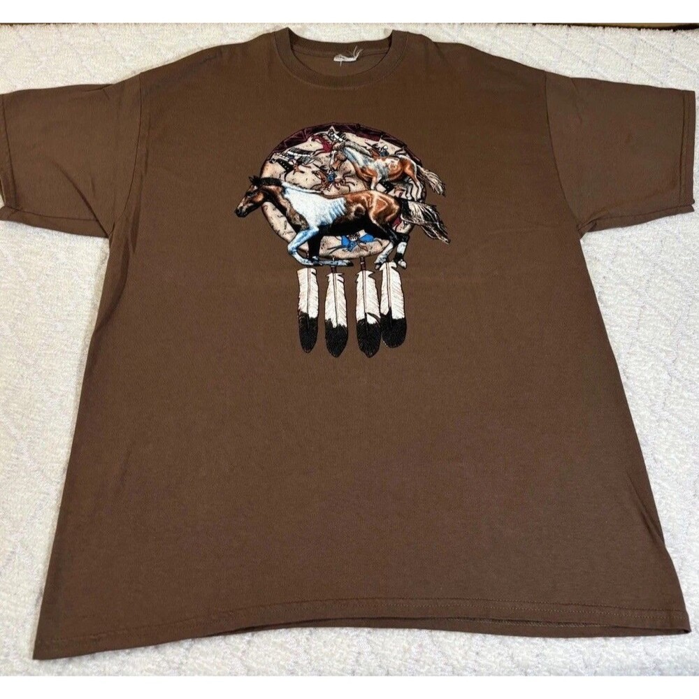 Vintage Native American Warriors Horse Riding Dream catcher Graphic Brown Tee L - Picture 3 of 9